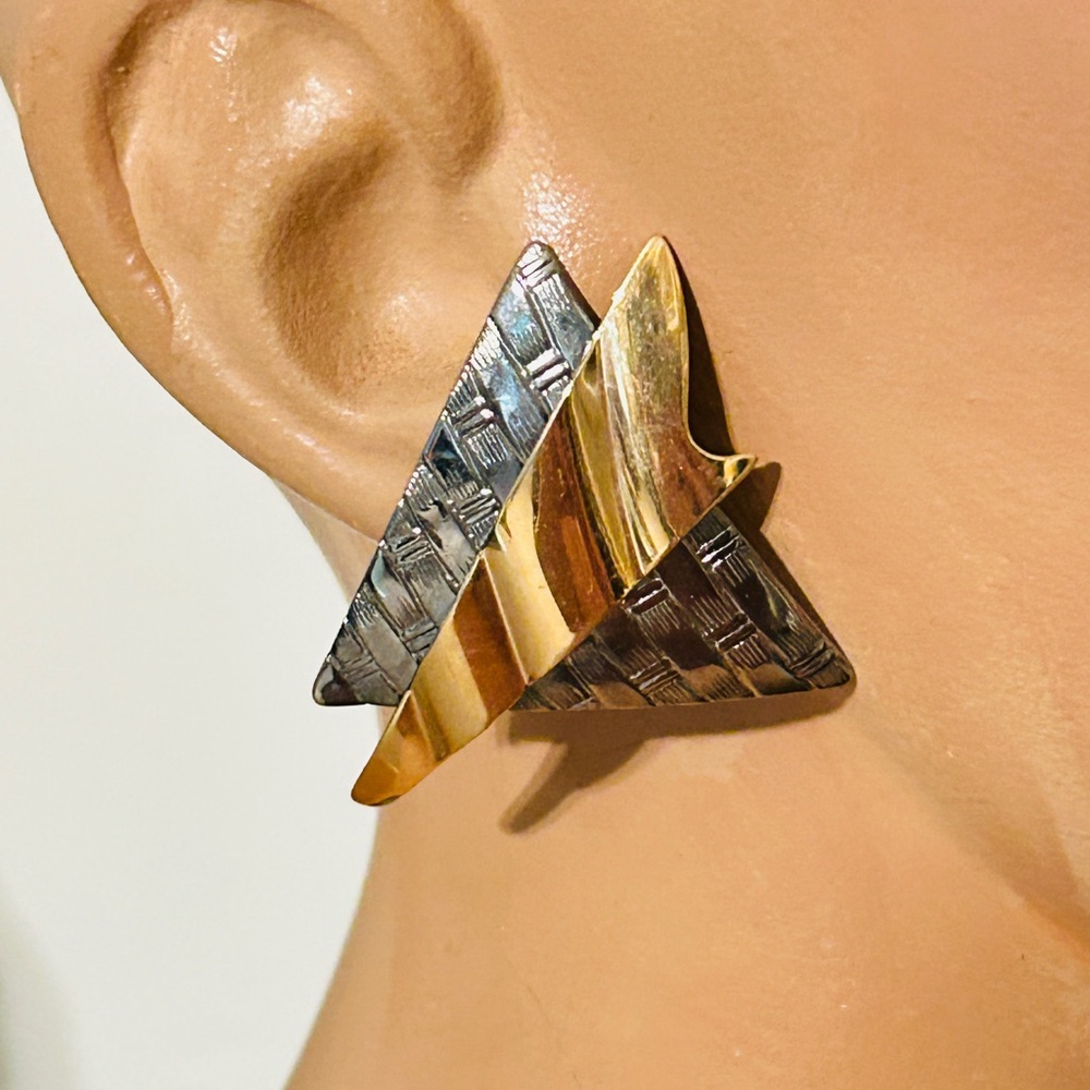 Two-Tone Geometric Triangle Clip-On Earrings - Gold & Silver